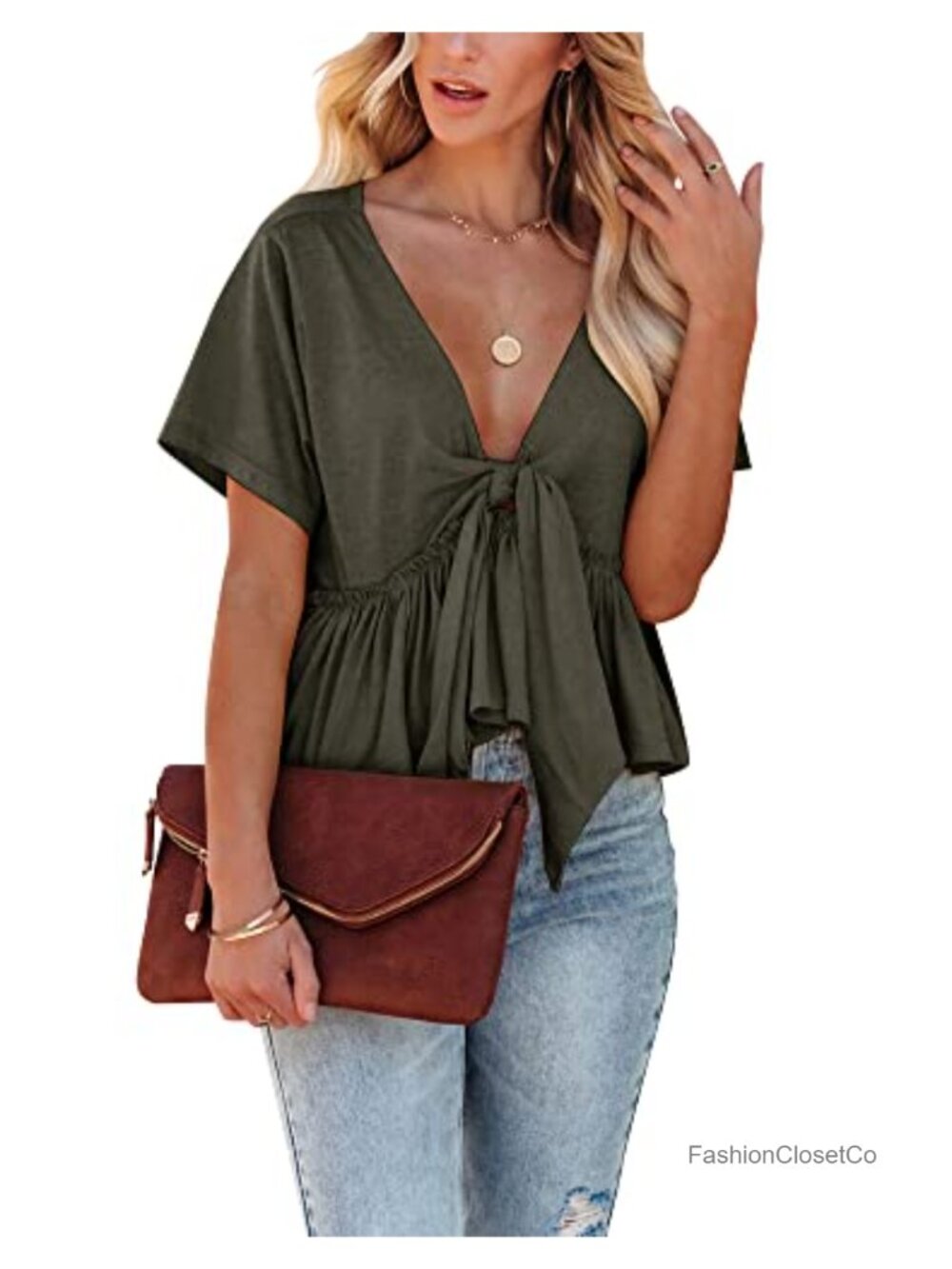 Women's Short Sleeve V Neck Tie Front Crop Top Ruffle Hem Blouse Lightweight